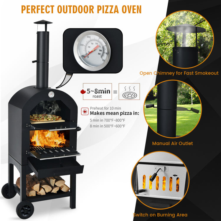 Portable Outdoor Pizza Oven with Pizza Stone, Wheels and Waterproof Cover