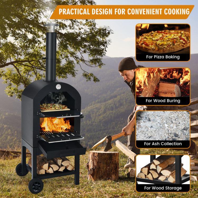 Portable Outdoor Pizza Oven with Pizza Stone, Wheels and Waterproof Cover