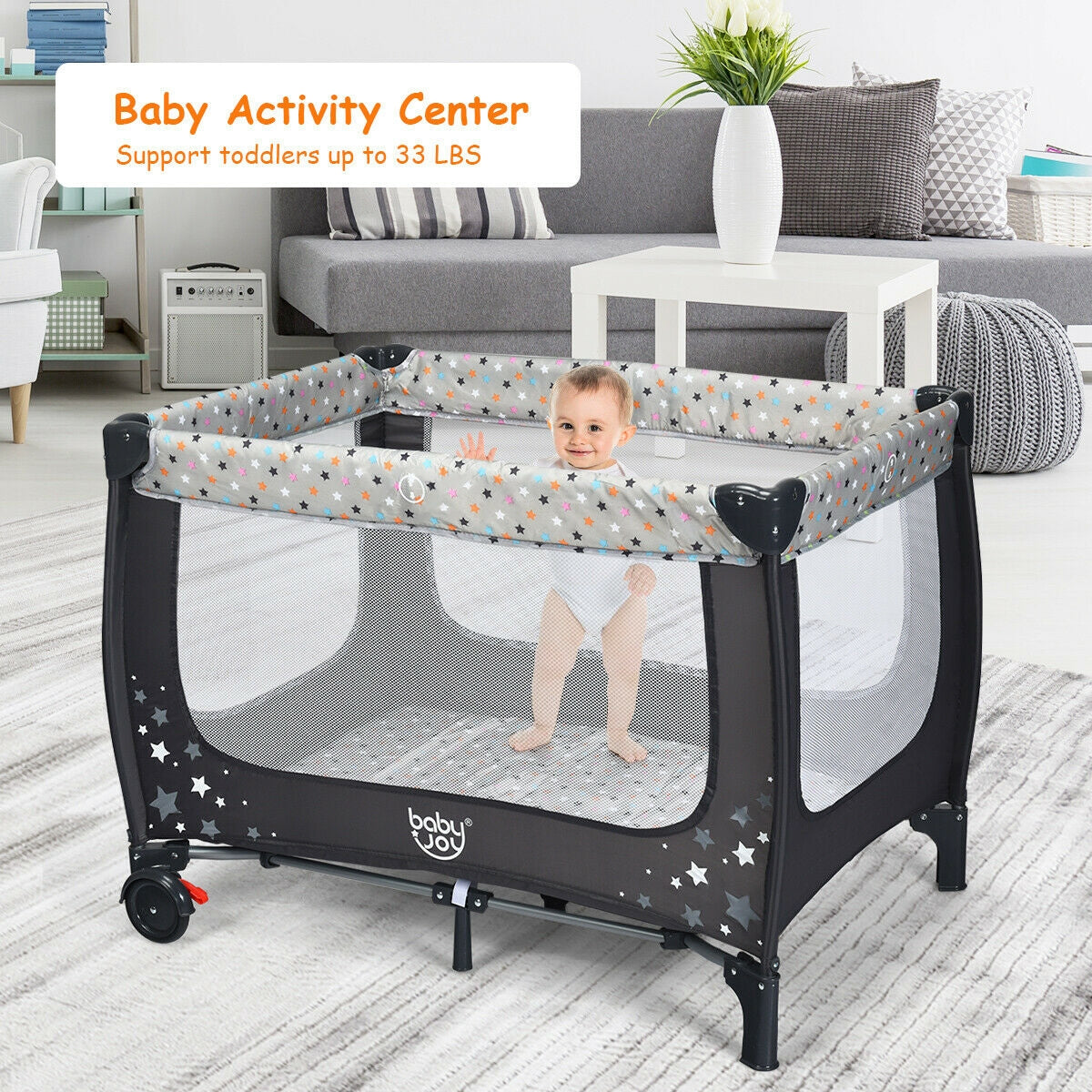 Portable and Folding Baby Playpen with Mattress and Lockable Wheels