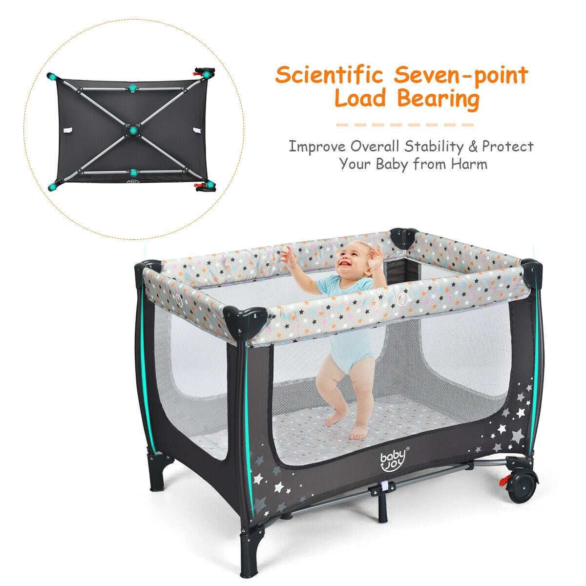 Portable and Folding Baby Playpen with Mattress and Lockable Wheels