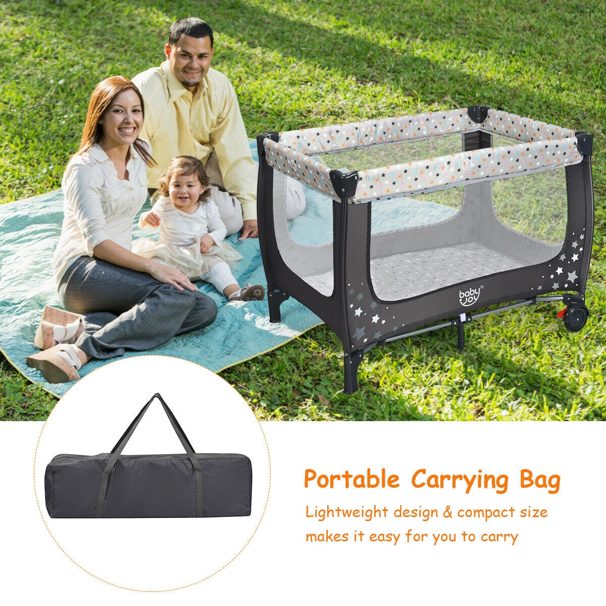 Portable and Folding Baby Playpen with Mattress and Lockable Wheels