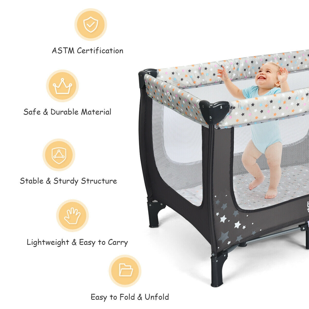 Portable and Folding Baby Playpen with Mattress and Lockable Wheels