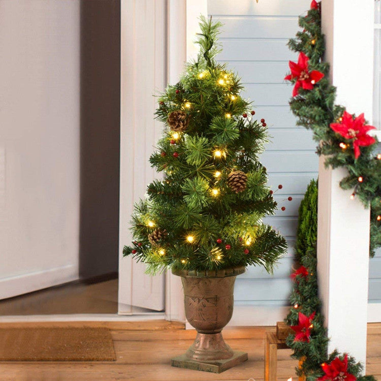 3/5 Feet Pre-lit LED Christmas Tree with Red Berries and Pine Cones