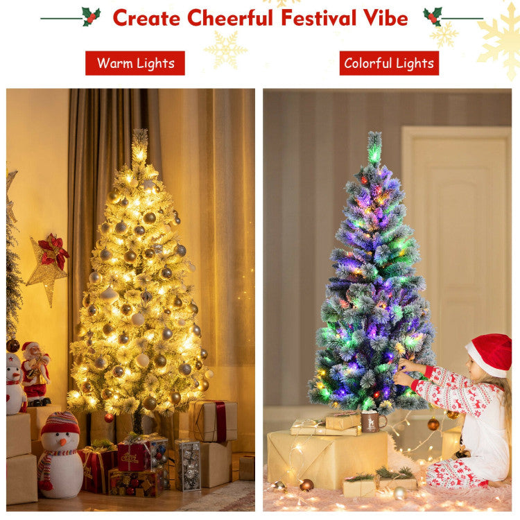 5/6/7.5/8 Feet Pre-lit Realistic Snow Flocked Christmas Tree with 9 Lighting Modes