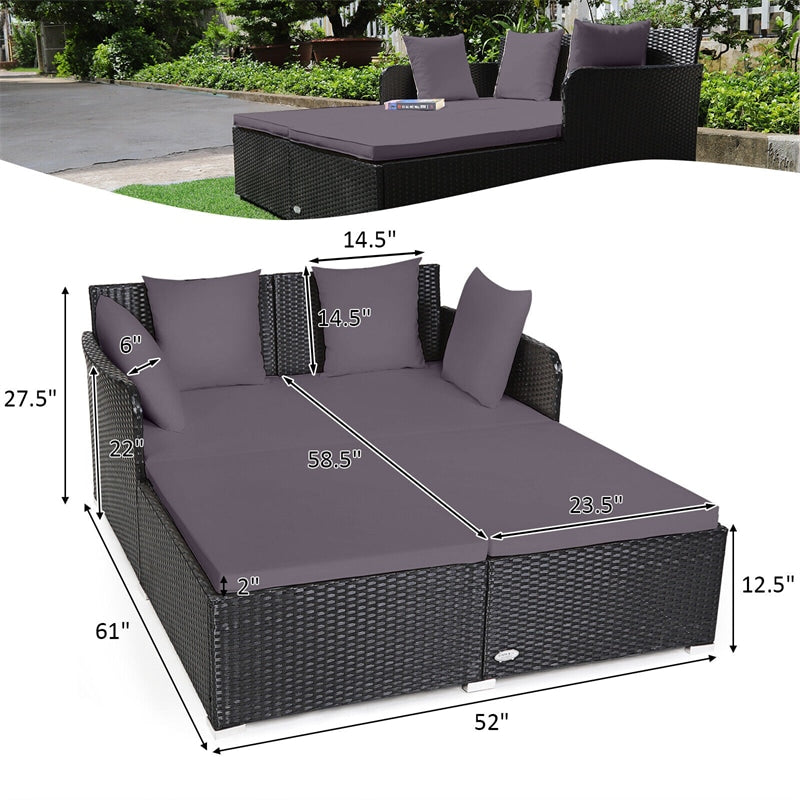 Wicker Outdoor Daybed Patio Rattan Double Chaise Lounge Sun Lounger with Seat Cushions & Pillows