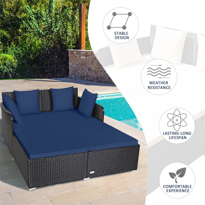 Wicker Outdoor Daybed Patio Rattan Double Chaise Lounge Sun Lounger with Seat Cushions & Pillows