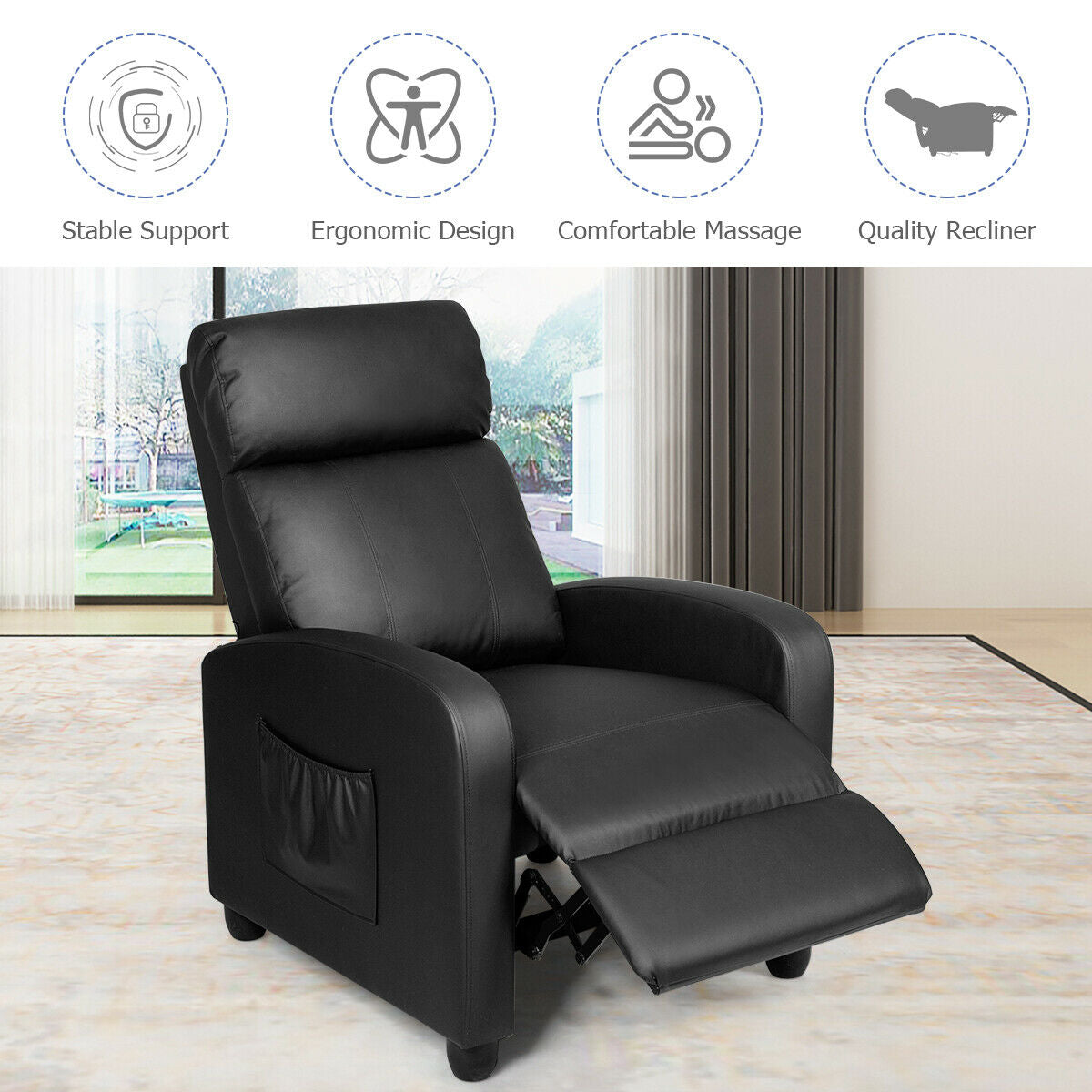 Recliner Massage Adjustable Wingback Single Chair with Side Pocket for Living Room