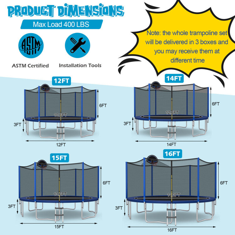 12/14/15/16 Feet Recreational Trampoline with Enclosure Net for Outdoor Patio