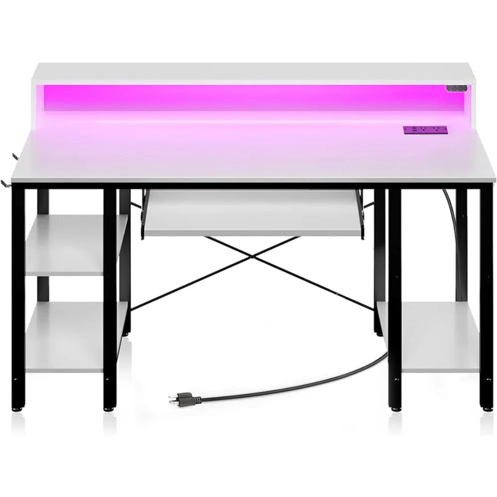47" Gaming/Office Desk with LED Lights, Power Outlets, Storage Shelves, and Keyboard Tray - ElitePlayPro