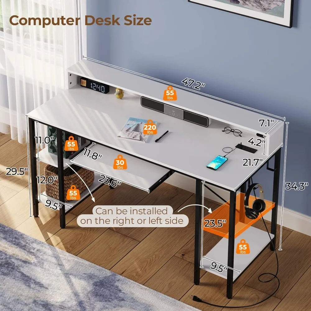 47" Gaming/Office Desk with LED Lights, Power Outlets, Storage Shelves, and Keyboard Tray - ElitePlayPro
