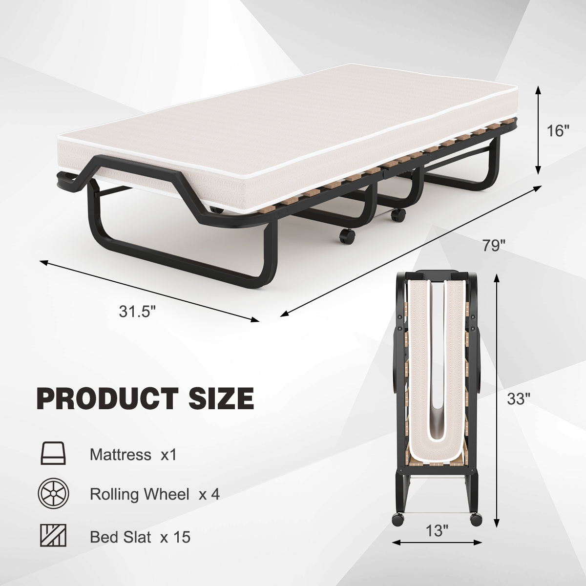 Rollaway Folding Bed with Memory Foam Mattress Made in Italy