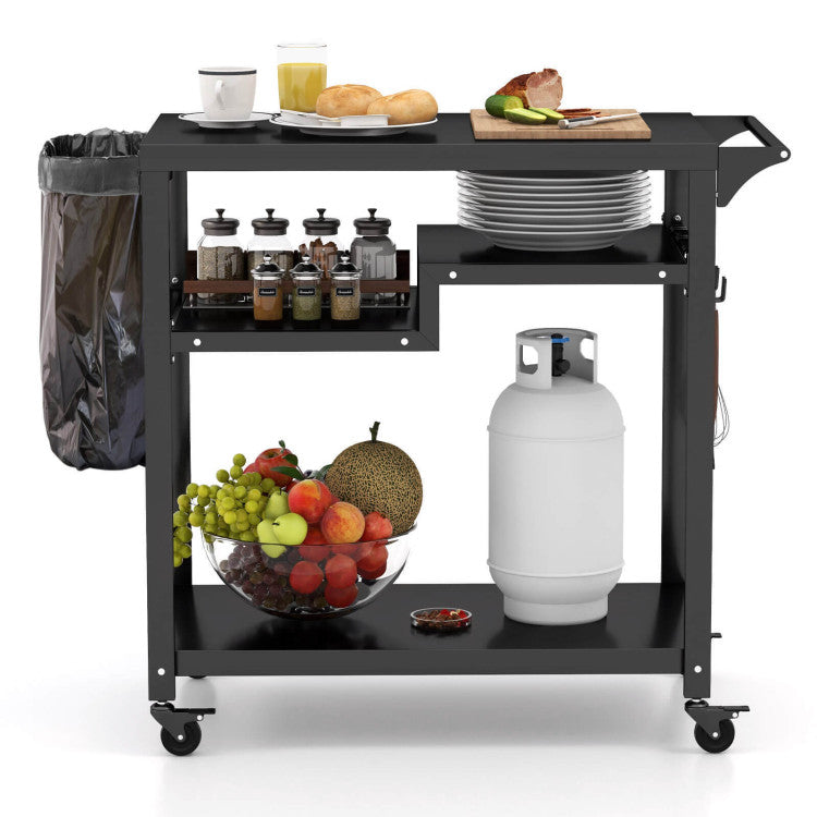 Rolling Grill Cart 3-Shelf BBQ Cart with Hooks and Lockable Wheels