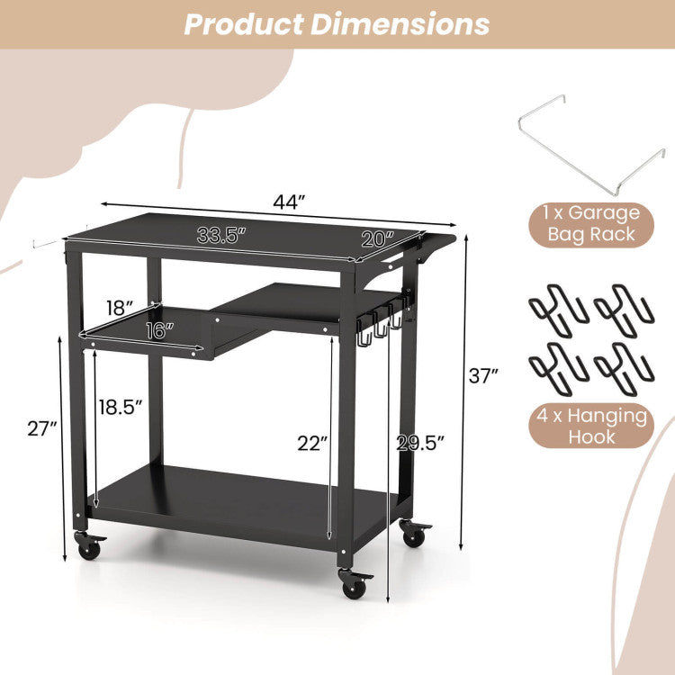 Rolling Grill Cart 3-Shelf BBQ Cart with Hooks and Lockable Wheels