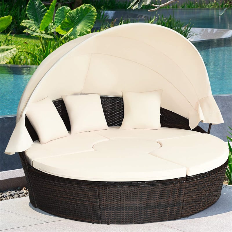 Wicker Outdoor Daybed Round Rattan Sectional Cushioned Sofa Set with Retractable Canopy & Adjustable Coffee Table