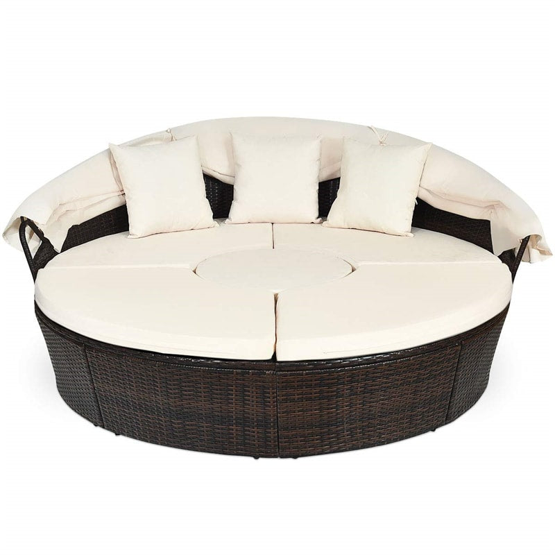 Wicker Outdoor Daybed Round Rattan Sectional Cushioned Sofa Set with Retractable Canopy & Adjustable Coffee Table