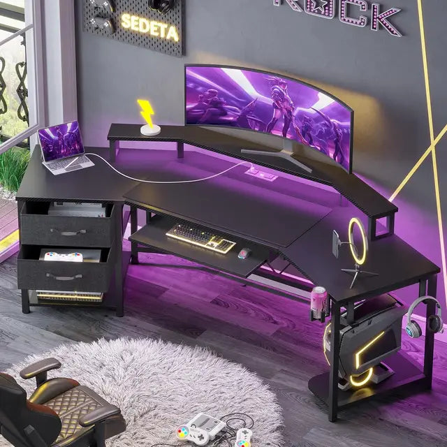 79" L-Shaped Gaming Desk with LED Lights & 2 Fabric Drawers, Carbon Fiber - ElitePlayPro
