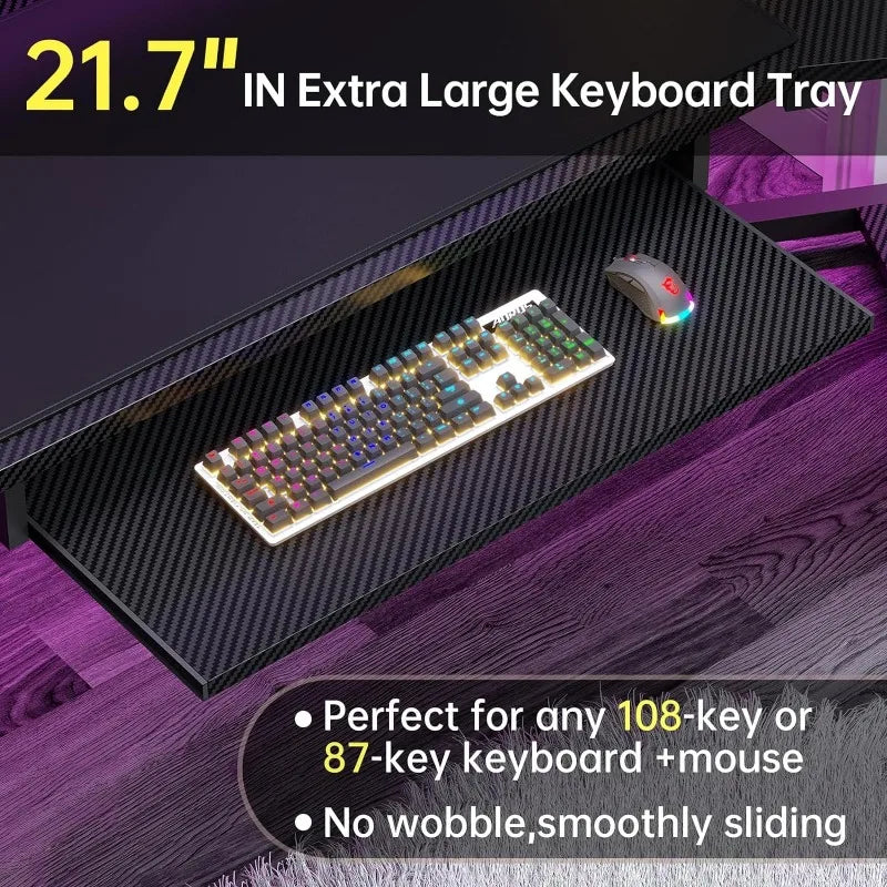 79" L-Shaped Gaming Desk with LED Lights & 2 Fabric Drawers, Carbon Fiber - ElitePlayPro