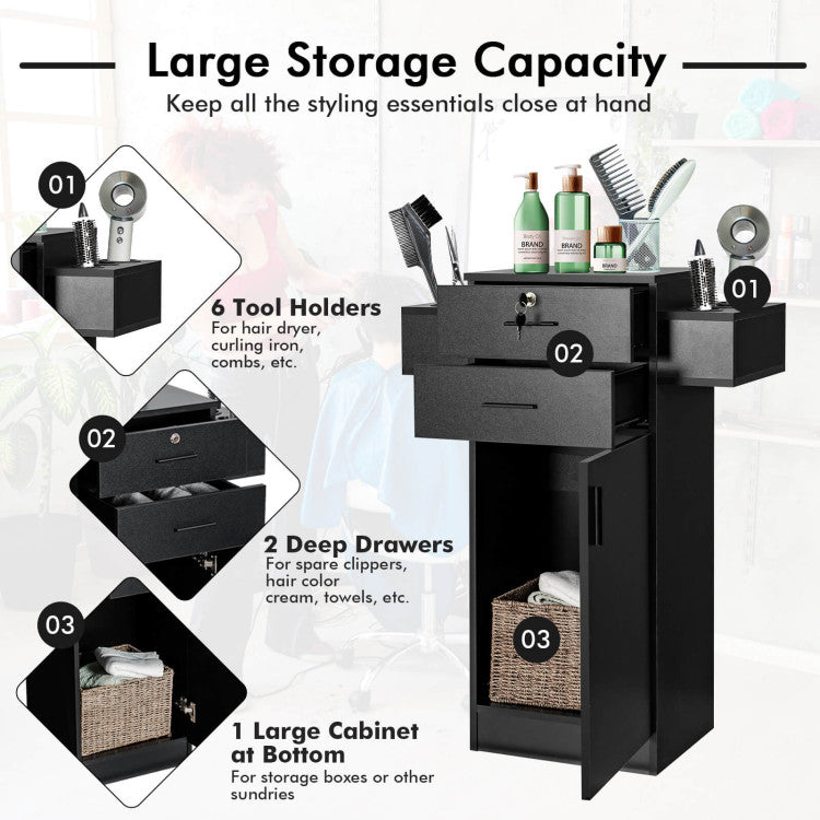 Salon Station Storage Cabinet with 6 Hair Dryer Holders and Drawers for Hair Stylist