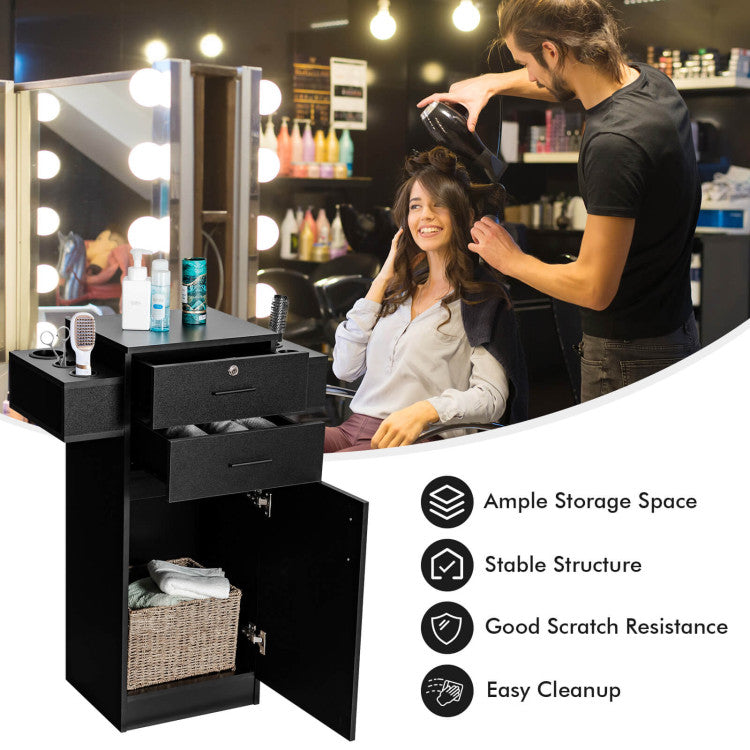 Salon Station Storage Cabinet with 6 Hair Dryer Holders and Drawers for Hair Stylist