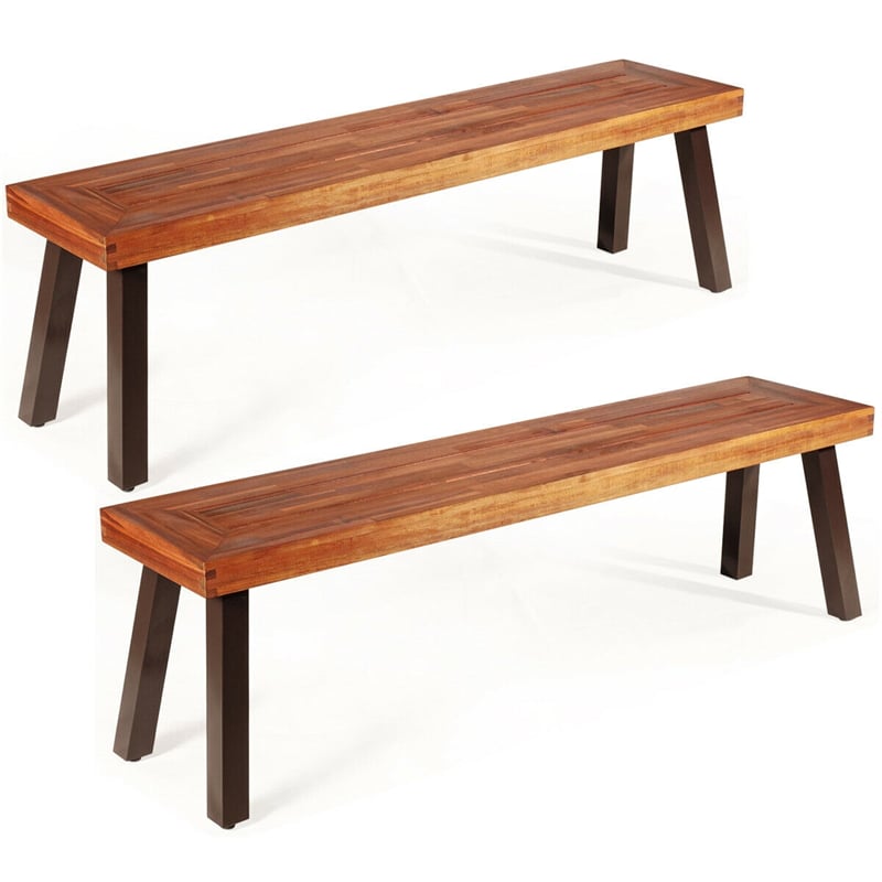 Set of 2 Outdoor Acacia Wood Dining Benches with Metal Legs for Garden Lawn