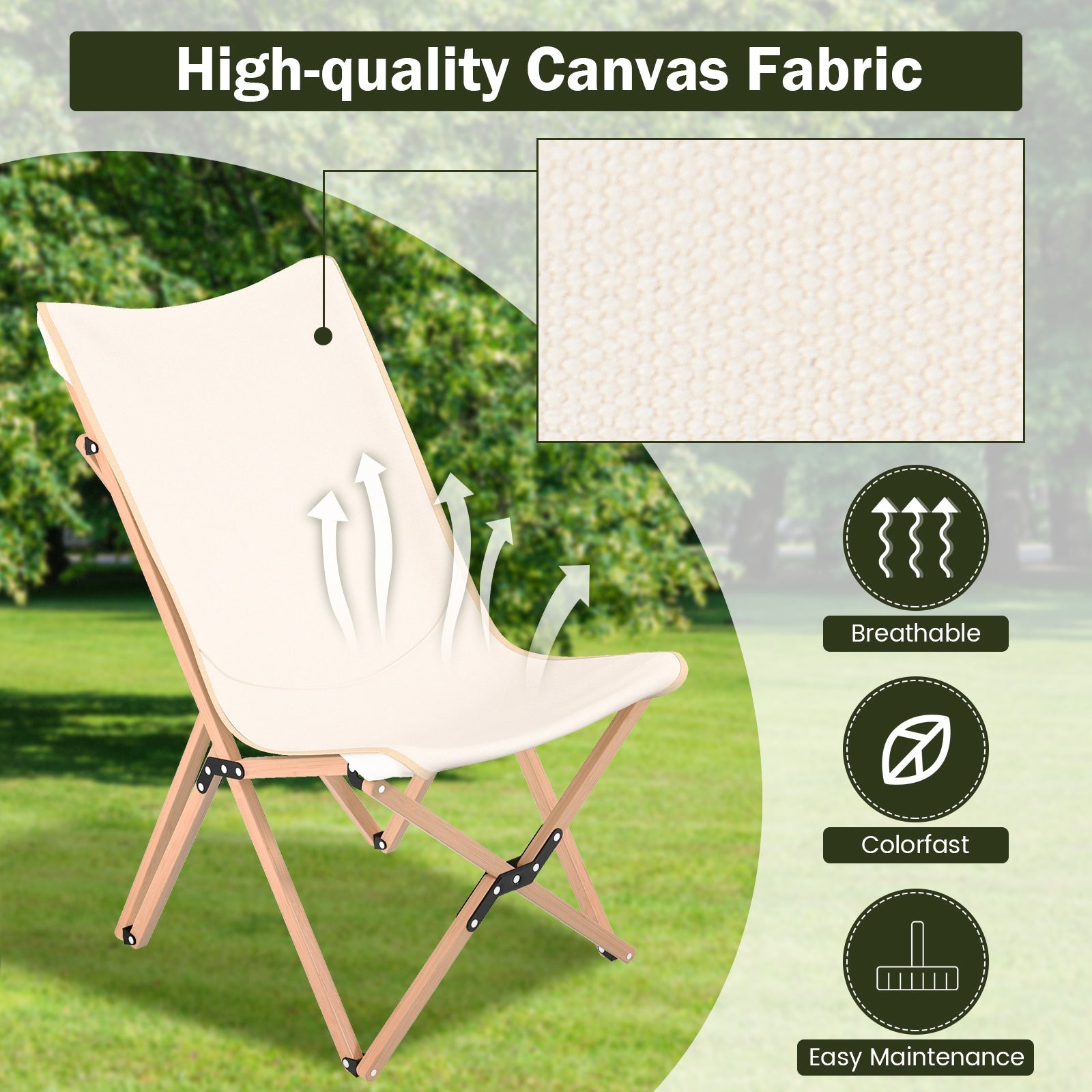 Set of 2 Portable Bamboo Thickened Canvas Beach Chair with Storage Pocket for Outdoor Camping and Fishing