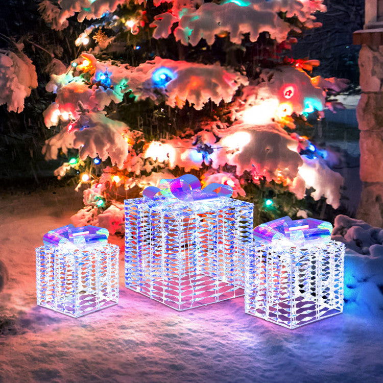 Set of 3 Christmas Gift Box with Iridescent Bows with 156 LED Lights and 6 Ground Stakes