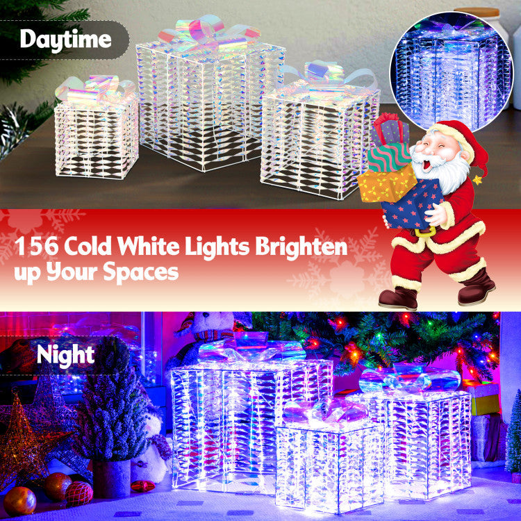 Set of 3 Christmas Gift Box with Iridescent Bows with 156 LED Lights and 6 Ground Stakes