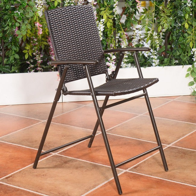 Set of 4 Folding Rattan Bar Chairs with Footrests and Armrests for Outdoor