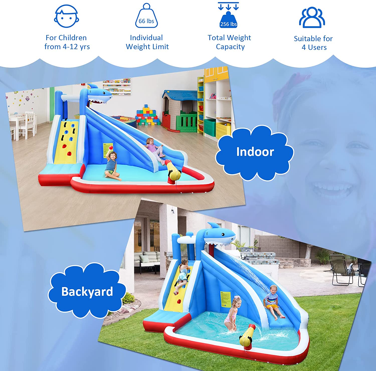 Inflatable Water Slide Shark Bounce House Castle Without Blower