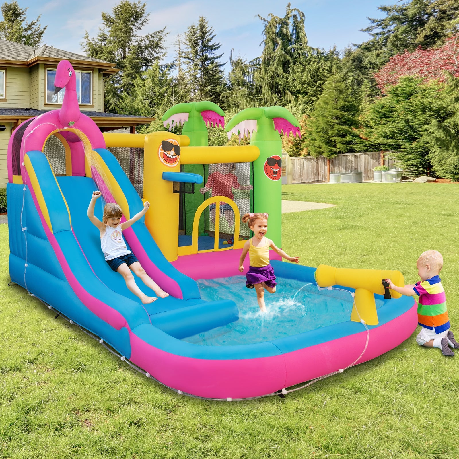 Inflatable Bounce Castle Long Water Slide with 735W Blower
