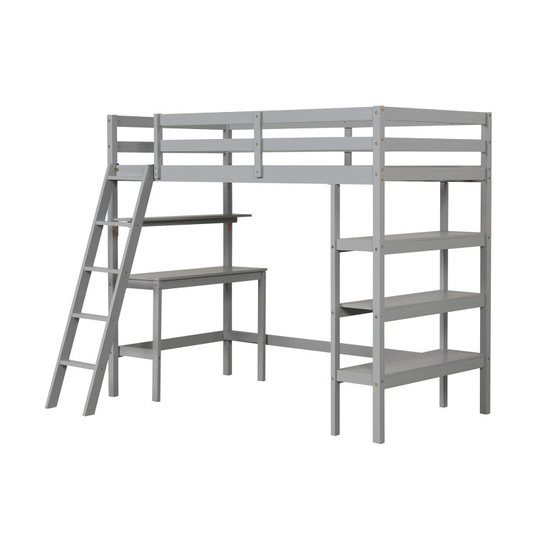 Twin Size Loft Bed with Desk and Bookshelves for Kids and Toddlers