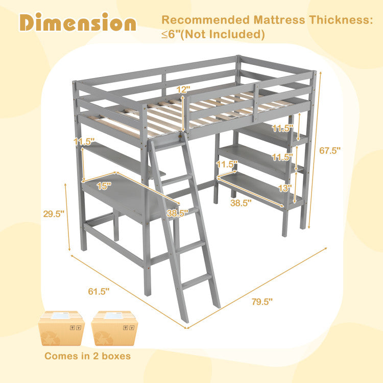 Twin Size Loft Bed with Desk and Bookshelves for Kids and Toddlers