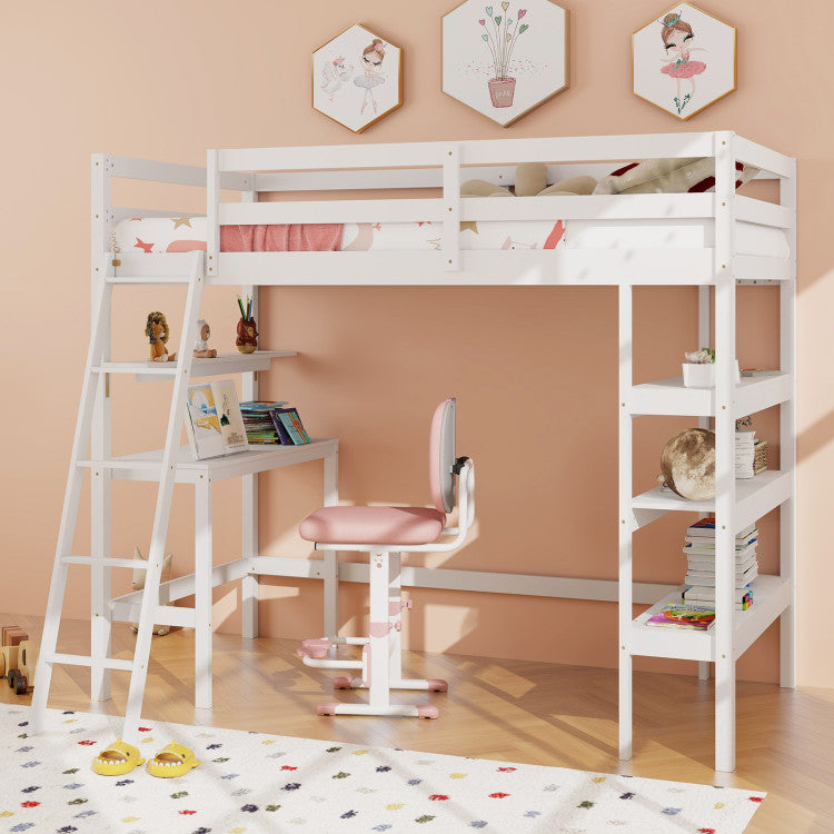 Twin Size Loft Bed with Desk and Bookshelves for Kids and Toddlers