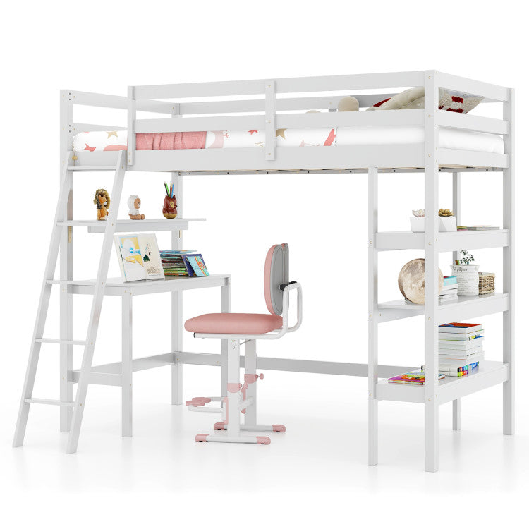 Twin Size Loft Bed with Desk and Bookshelves for Kids and Toddlers
