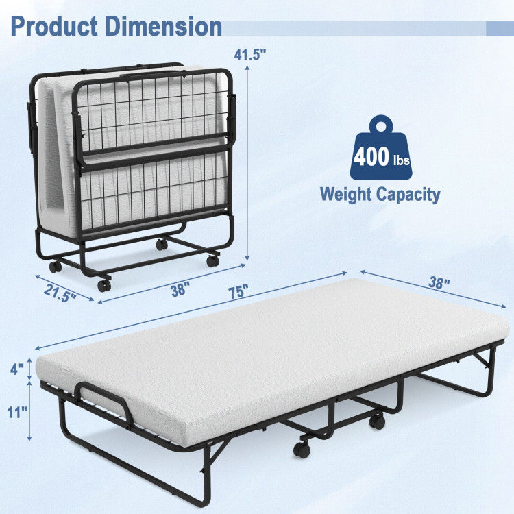 Twin Size Metal Folding Bed with Memory Foam Mattress and  4 Wheels