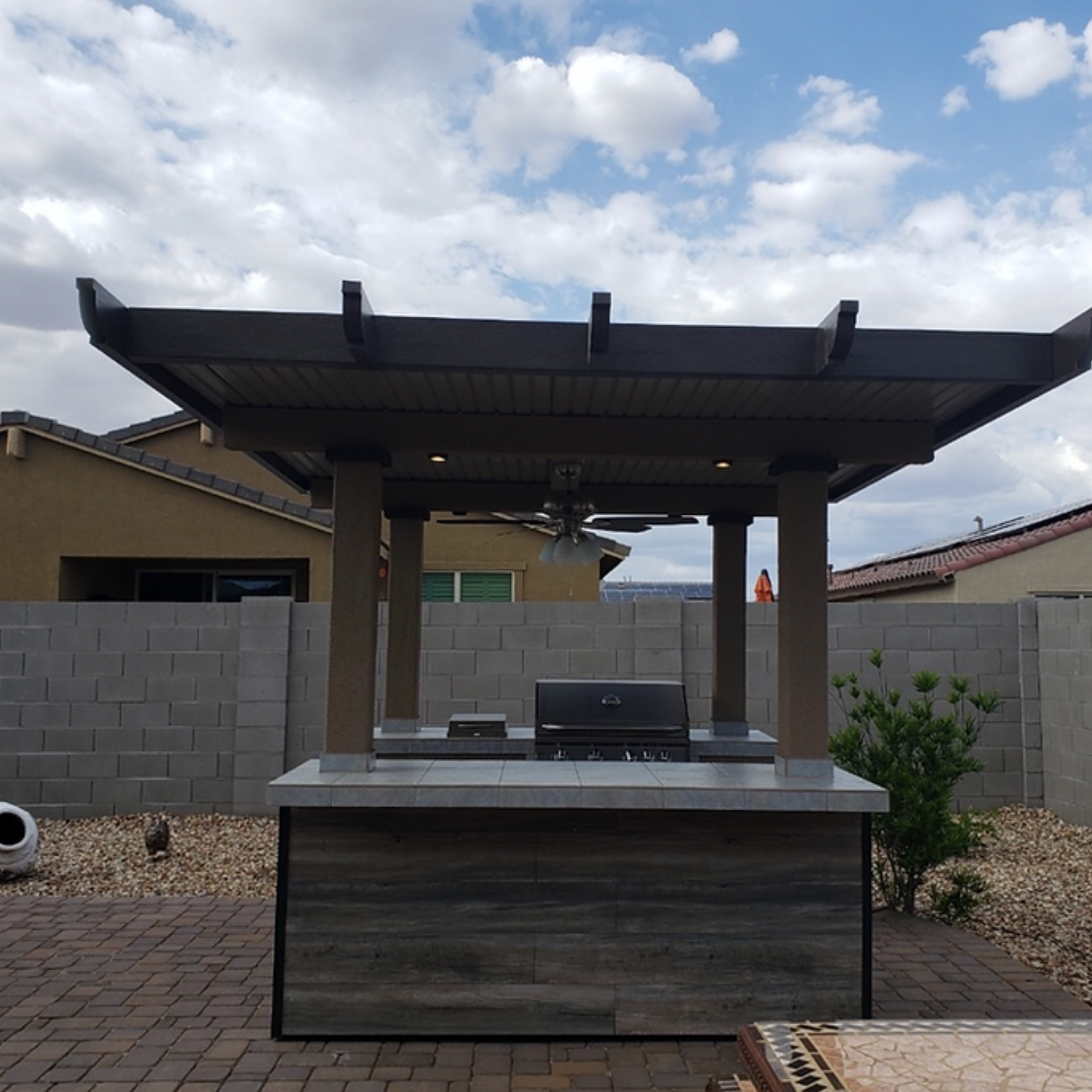 BBQ Island with Pergola 4 Burner BBQ Grill Wood Siding and Fan - ElitePlayPro