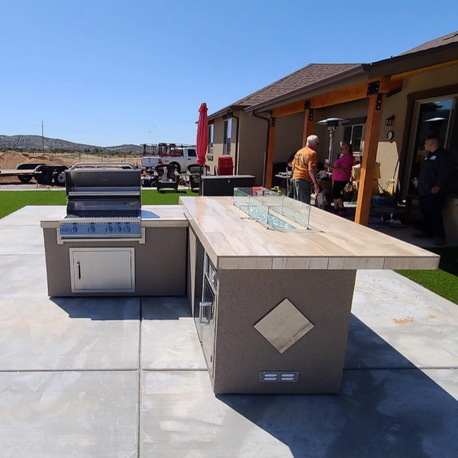 Baja/Fire L-Shaped BBQ Island with Fire-pit, 4 Burner BBQ, Outdoor Refrigerator - ElitePlayPro