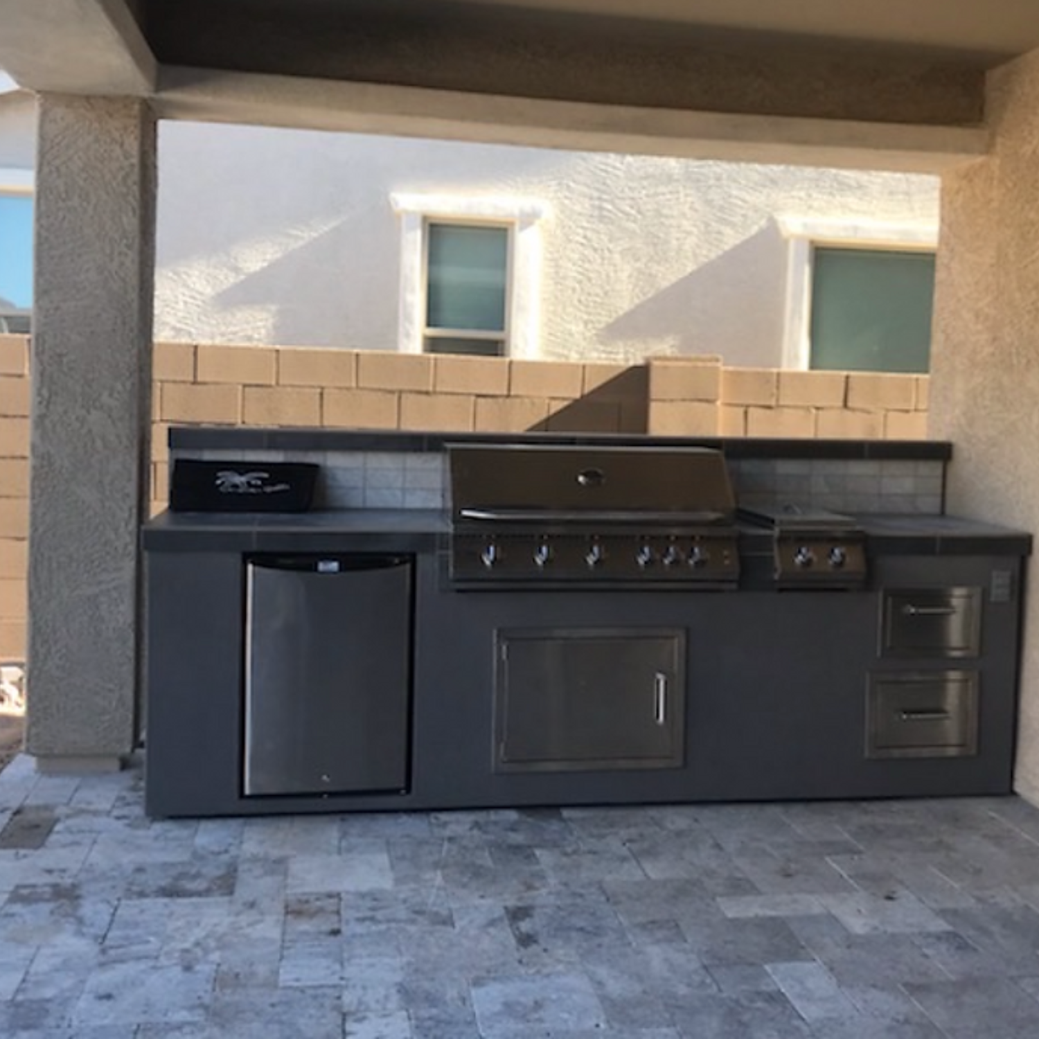 BBQ Island With Built-In BBQ Grill Refrigerator, Drawers, & Double Side Burner - ElitePlayPro