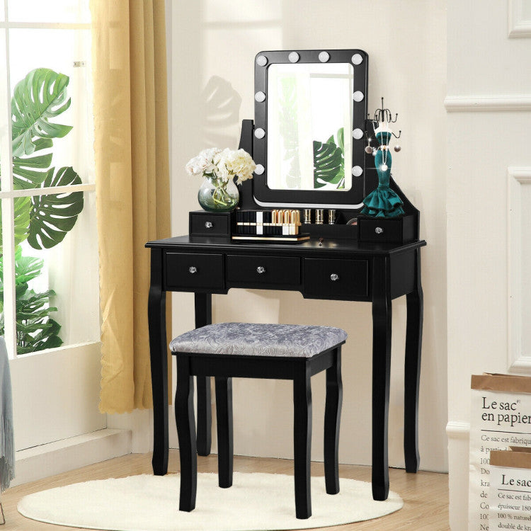 Vanity Dressing Table Stool Set with 10 Dimmable Bulbs, Mirror and Drawers