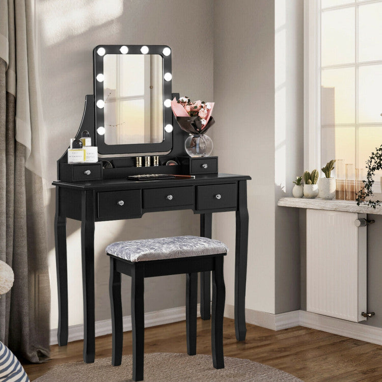 Vanity Dressing Table Stool Set with 10 Dimmable Bulbs, Mirror and Drawers