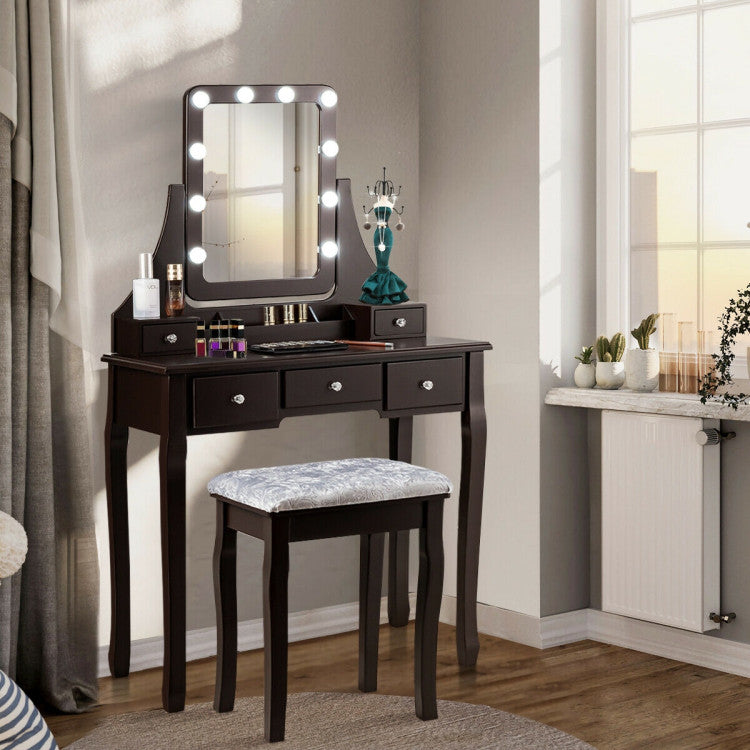 Vanity Dressing Table Stool Set with 10 Dimmable Bulbs, Mirror and Drawers