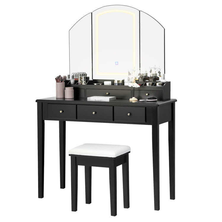 Vanity Table Stool Set with Large Tri-folding Lighted Mirror and 12 Storage Cases