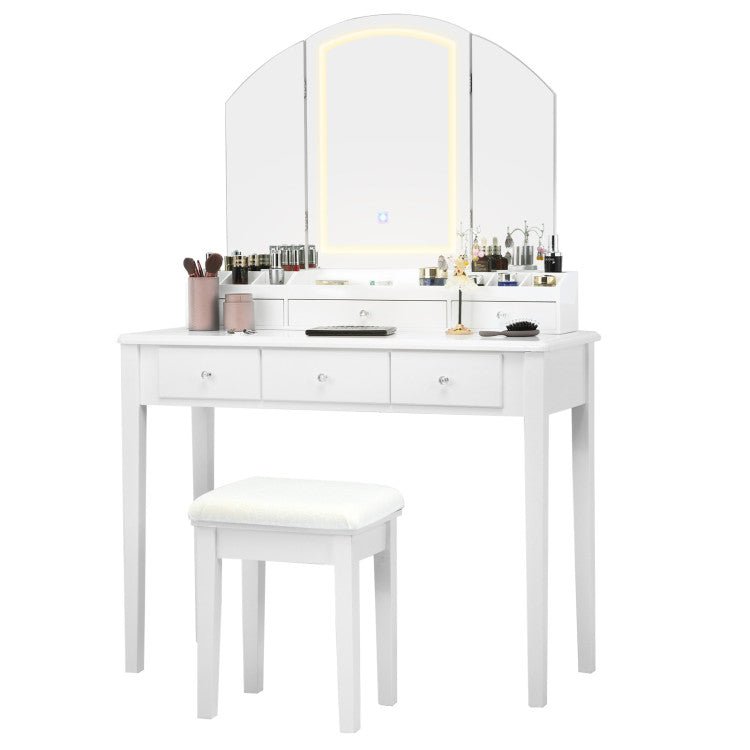 Vanity Table Stool Set with Large Tri-folding Lighted Mirror and 12 Storage Cases