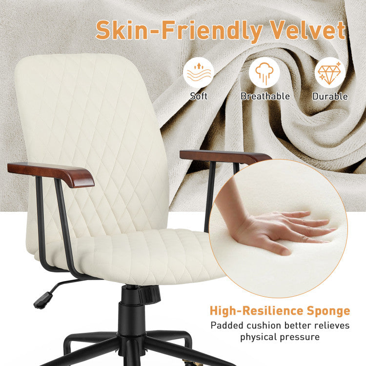 Velvet Adjustable Height Chair with Wooden Armrest for Home and Office