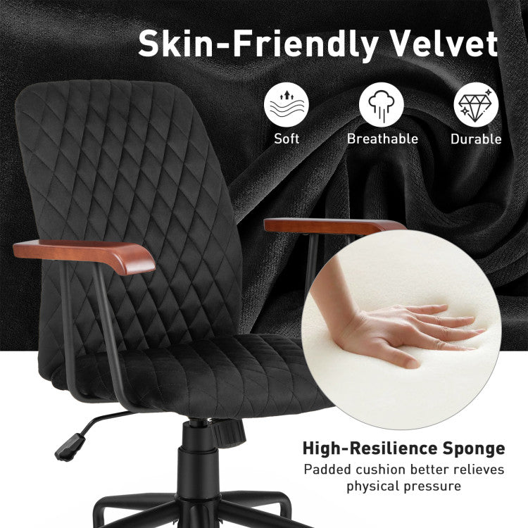 Velvet Adjustable Height Chair with Wooden Armrest for Home and Office