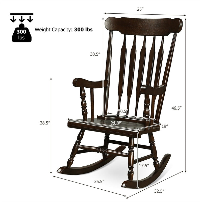 Wood Porch Patio Rocking Chair Glossy Finish Outdoor Rocker for Garden Backyard