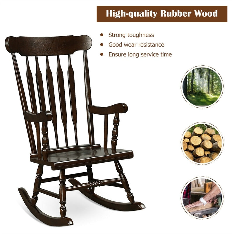 Wood Porch Patio Rocking Chair Glossy Finish Outdoor Rocker for Garden Backyard