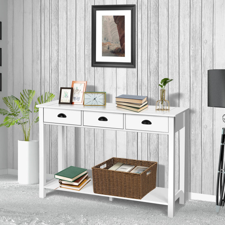 Wooden Console Table with Drawers and Shelves for Entryway Hallway