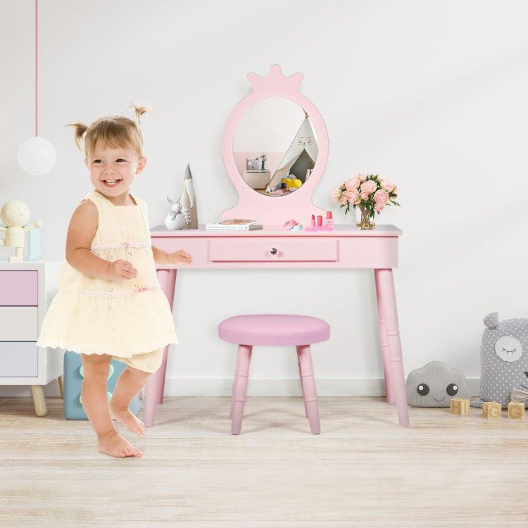 Wooden Princess Makeup Table with Cushioned Stool for Kids