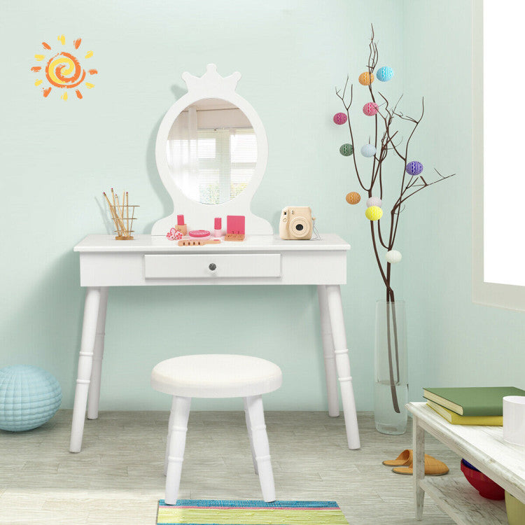 Wooden Princess Makeup Table with Cushioned Stool for Kids